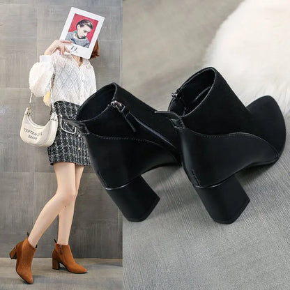 Women's Boots Spring And Autumn Thick Heel Pointed Toe European And American Large Size 41-44Ladies Boots Leather Stitching