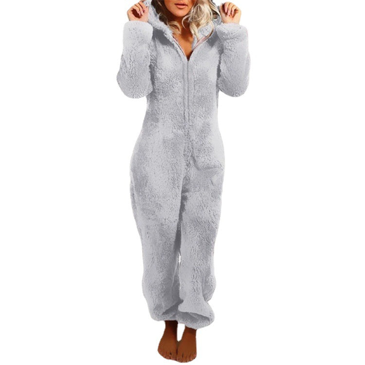 2022 New European And American Autumn And Winter Women&#039;s Cross-border Trade Plus Velvet Padded Mao Mao Jumpsuit Hooded Pajamas