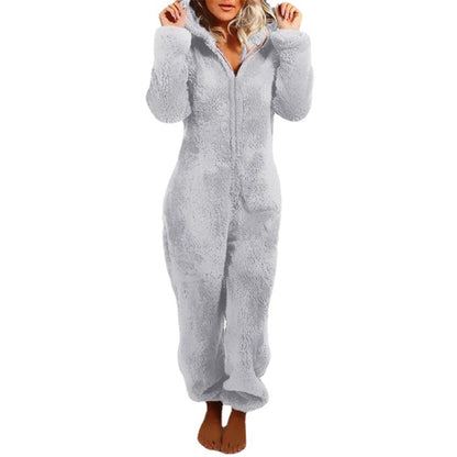 2022 New European And American Autumn And Winter Women&#039;s Cross-border Trade Plus Velvet Padded Mao Mao Jumpsuit Hooded Pajamas