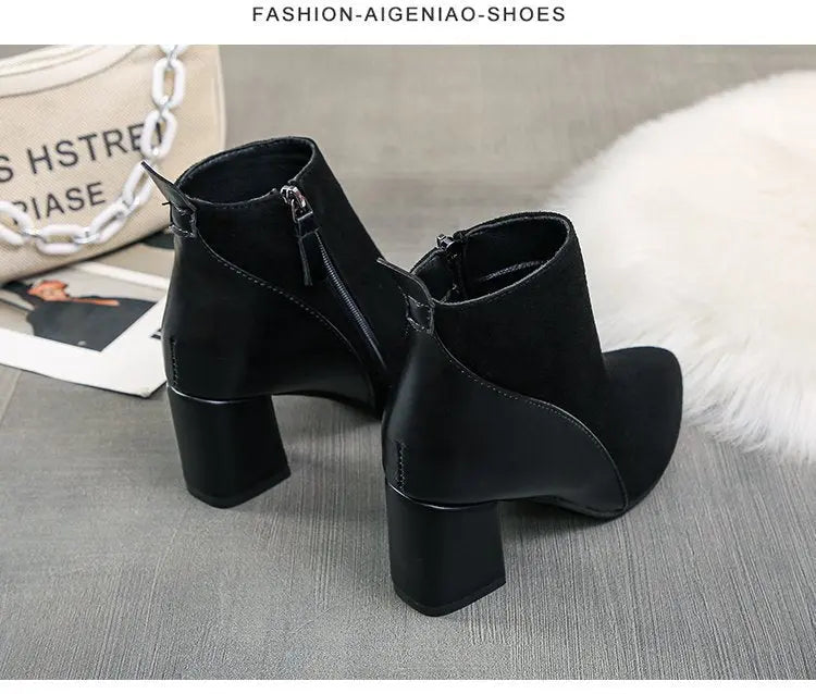 Women's Suede Pointed-Toe Block Heel Ankle Boots
