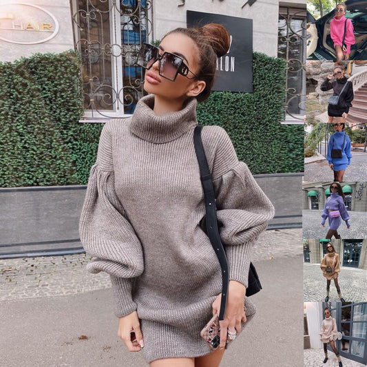 Casual High-necked Lantern Sleeves Knitted Sweater Women&#039;s Skirt