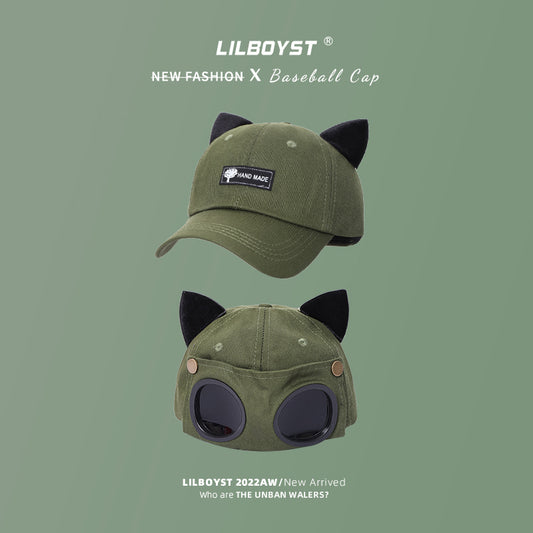 Cute Cat Ears Pilot Hat Glasses Baseball Cap Women&#039;s Sunglasses Peaked Cap Men&#039;s Big Head Wai Trendy Brand