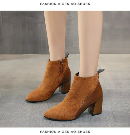 Women's Suede Pointed-Toe Block Heel Ankle Boots