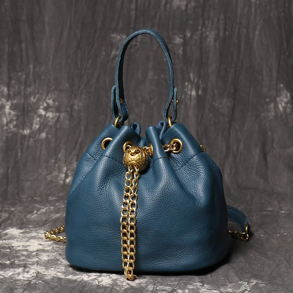 Women's Cowhide Leather Mini Bucket Bag with Chain