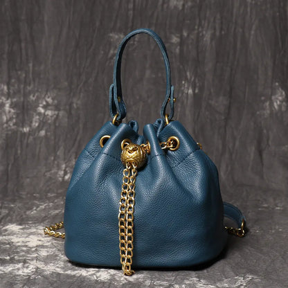 Women's Cowhide Leather Mini Bucket Bag with Chain