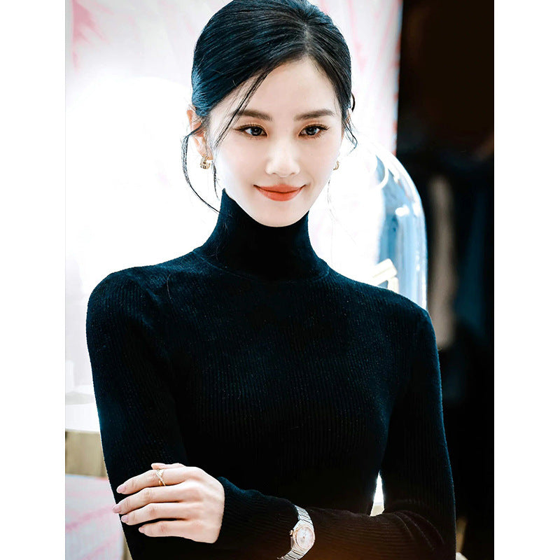 Liu Shishi With Black Turtleneck Sweater Women's Autumn And Winter New Long Sleeve Tight Bottoming Shirt Slim Top