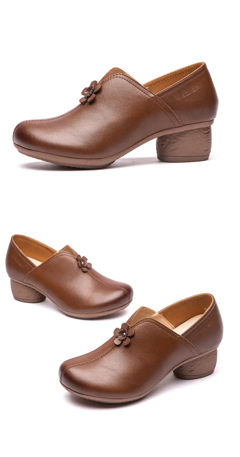 Three views of a pair of women's brown leather block-heel mules with a decorative tassel detail on the vamp, shown against a plain white background.