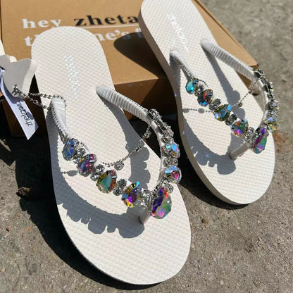 Flip-flops Women's 2022 Summer New Outer Wear Korean Version Net Red Rhinestones Flat Bottom Sandals And Slippers Beach Shoes Women's Wholesale