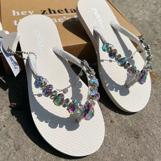 Flip-flops Women's 2022 Summer New Outer Wear Korean Version Net Red Rhinestones Flat Bottom Sandals And Slippers Beach Shoes Women's Wholesale