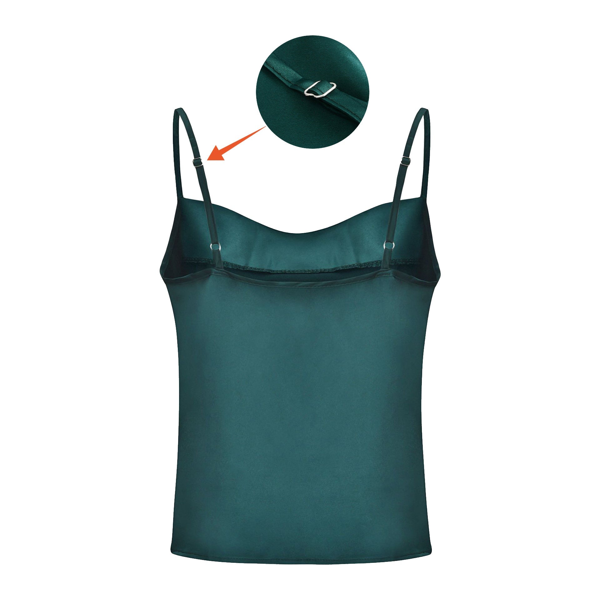 Woman wearing a military green satin camisole top, styled with a light blue denim skirt, holding a branch with green leaves—modern, elegant, and perfect for casual or dressy looks.