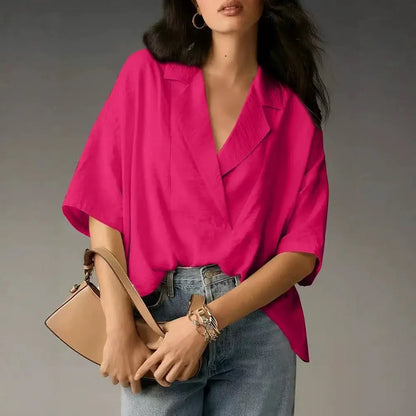 Women's Oversized V-Neck Satin Blouse Casual Batwing Shirt