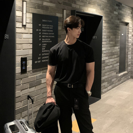 Summer New Solid Color Base Shirt Round Neck Short-sleeved T-shirt Trendy Casual Cotton Inner Small Neck All-match