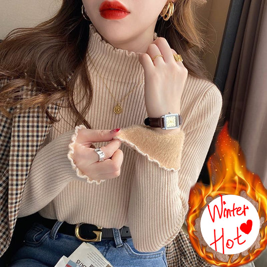 Half-turtleneck One-piece Fleece Base Shirt Women's Autumn And Winter New Fleece-lined Thickened Sweater Western-style Wood-ear Knit Sweater