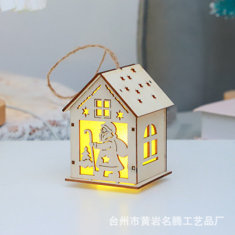 Cross-border Christmas Decoration Wooden Luminous Cabin New Hollow Christmas Ornaments LED Wooden Decoration Pendant