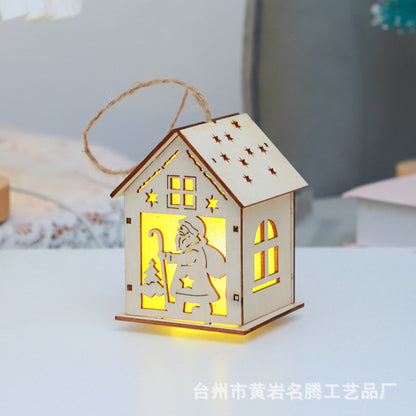 Cross-border Christmas Decoration Wooden Luminous Cabin New Hollow Christmas Ornaments LED Wooden Decoration Pendant