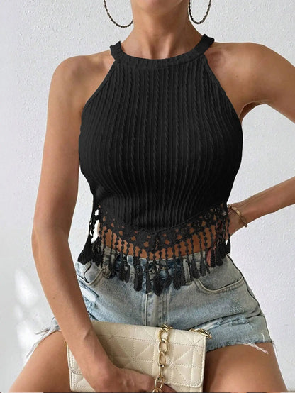 Women's Knitted Halter Crop Top with Lace Tassel Hem