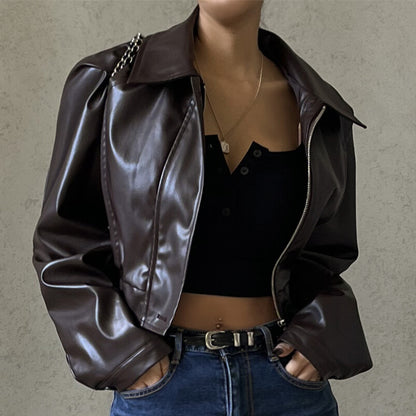 Autumn New Style Retro Temperament Lapel Zipper PU Leather American Casual Jacket