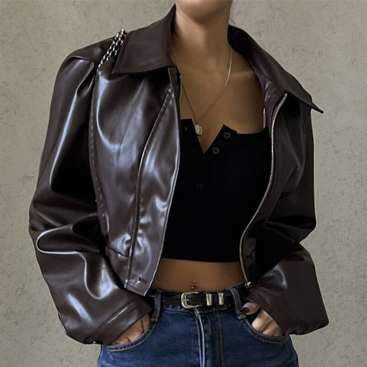 Autumn New Style Retro Temperament Lapel Zipper PU Leather American Casual Jacket