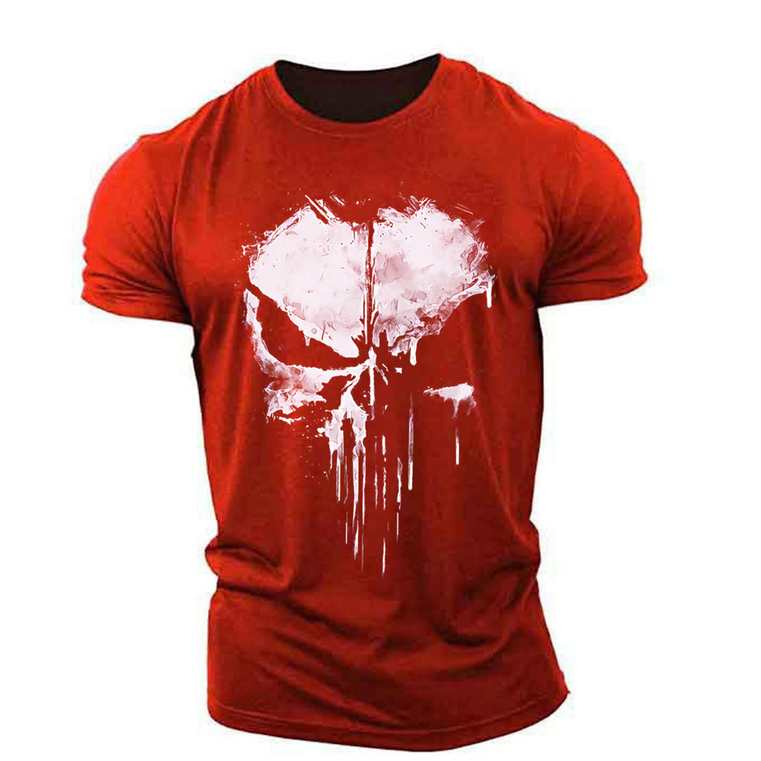 Streetwear skull graphic t-shirt featuring dripping paint effects, available in multiple bold colors—perfect for edgy fashion lovers.