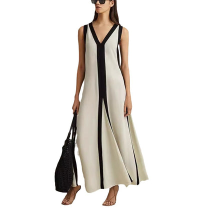 Cross-border Foreign Trade Independent Station Amazon 2024 New European And American Sexy Double-sided Wear V-neck Contrast Color Leisure Dress