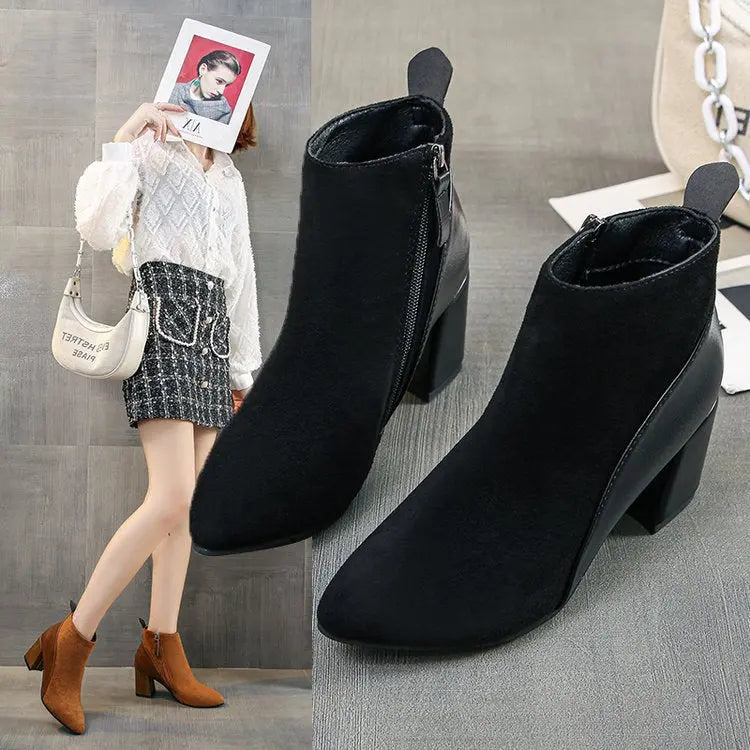 Women's Boots Spring And Autumn Thick Heel Pointed Toe European And American Large Size 41-44Ladies Boots Leather Stitching