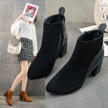 Women's Boots Spring And Autumn Thick Heel Pointed Toe European And American Large Size 41-44Ladies Boots Leather Stitching