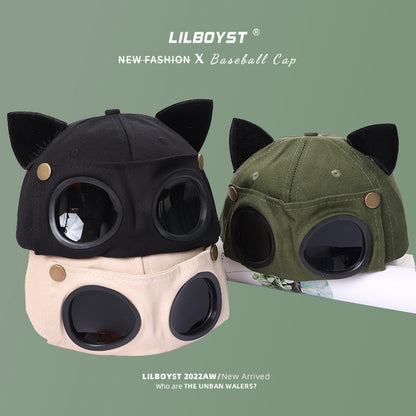 Cute Cat Ears Pilot Hat Glasses Baseball Cap Women&#039;s Sunglasses Peaked Cap Men&#039;s Big Head Wai Trendy Brand
