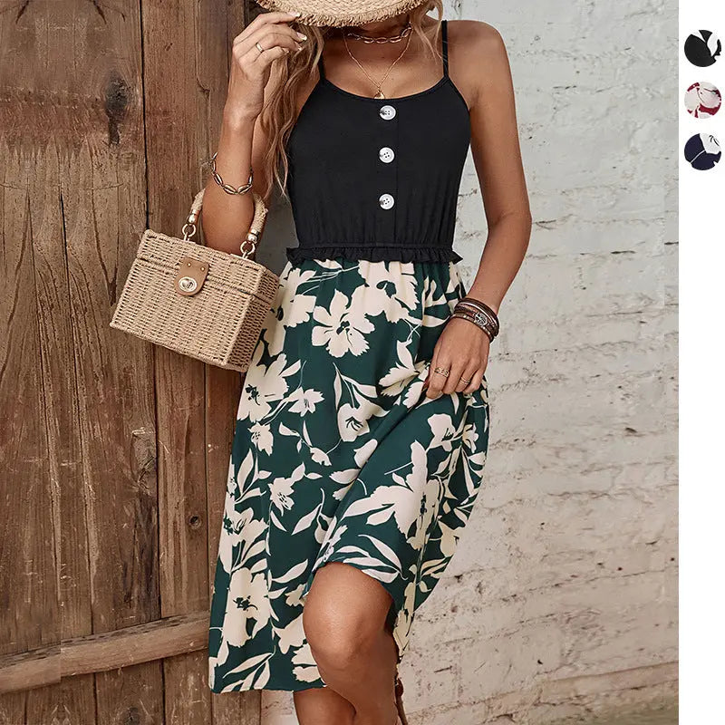 Summer New European And American Fashion Women's Flower Stitching Suspender Dress