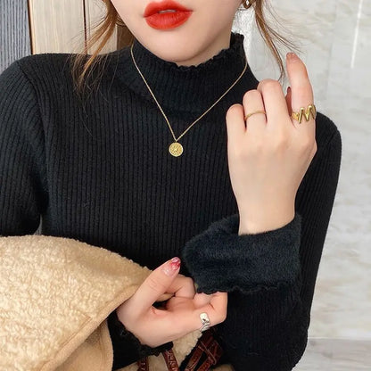 Half-turtleneck One-piece Fleece Base Shirt Women's Autumn And Winter New Fleece-lined Thickened Sweater Western-style Wood-ear Knit Sweater