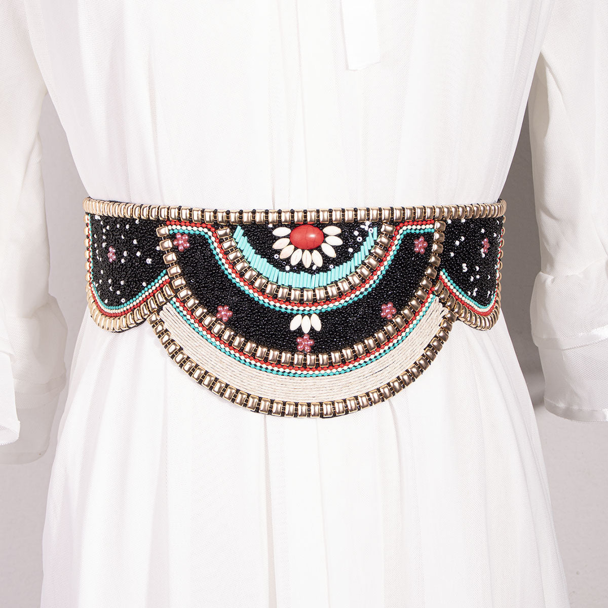 Ethnic Style Beads Suede Bottom PU Waist Belt Pure Handmade Bohemian Style Elastic Wide Waist Belt Ladies Elegant Color Shelllls