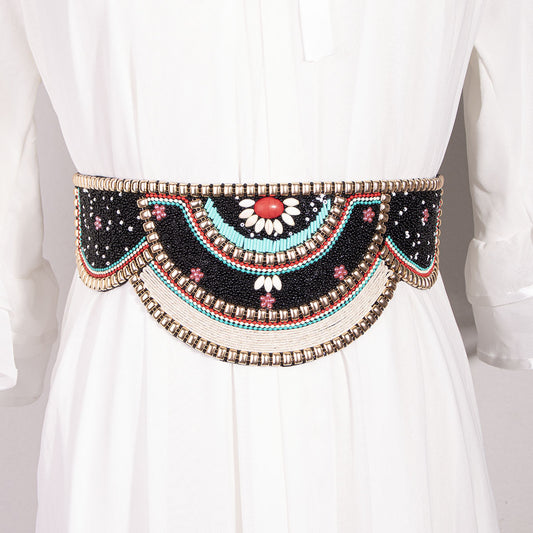 Ethnic Style Beads Suede Bottom PU Waist Belt Pure Handmade Bohemian Style Elastic Wide Waist Belt Ladies Elegant Color Shelllls
