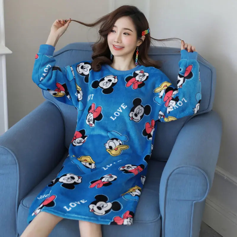 Pajamas For Women, Winter Nightgown, Women's Autumn And Winter Long-sleeved Thickened Student Korean Version Of Cute Cartoon Home Clothes