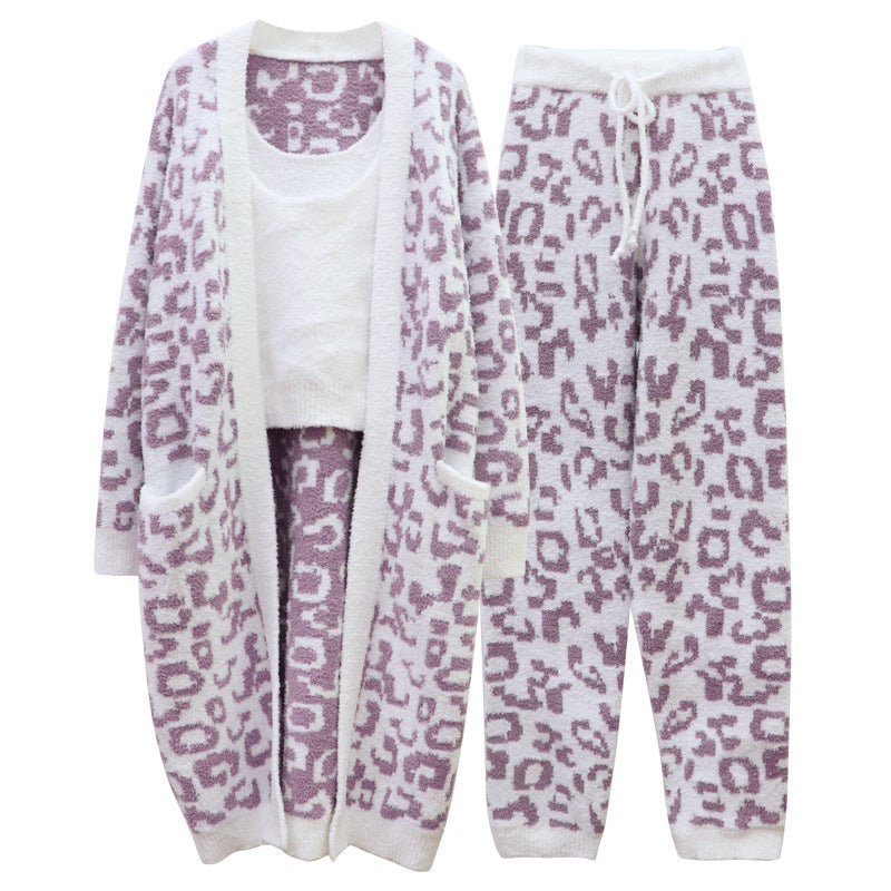 Three-piece Set Of Warm European And American Leopard Print Royal Sister Style Pajamas Women&#039;s Autumn And Winter Cardigan Wool Knitting Can Be Worn As Home Clothes