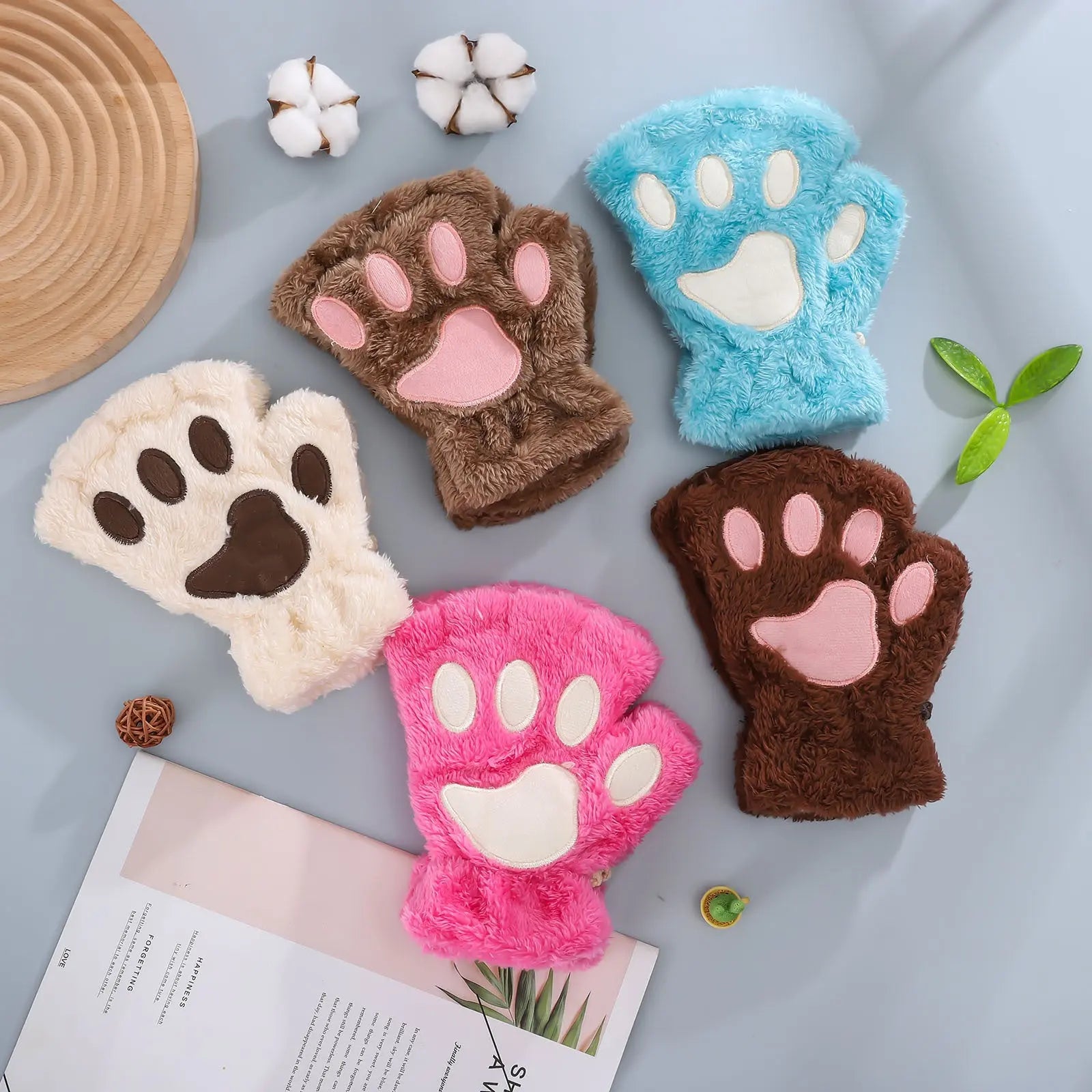 Cat Claw Gloves For Women Winter Korean Style Cute Girls Fingerless Thickened Warm Bear Paw Plush Half Finger Gloves