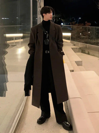 MYQ Woolen Coat Men's Winter Mid-length Knee-length Woolen Coat Korean Style Atmosphere Thickened Warm Coat