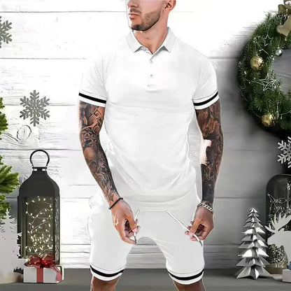 Men’s polo shirt & shorts set available in black, navy blue, gray, white, light blue, and dark green – featuring white stripe accents, breathable fabric, and versatile styling