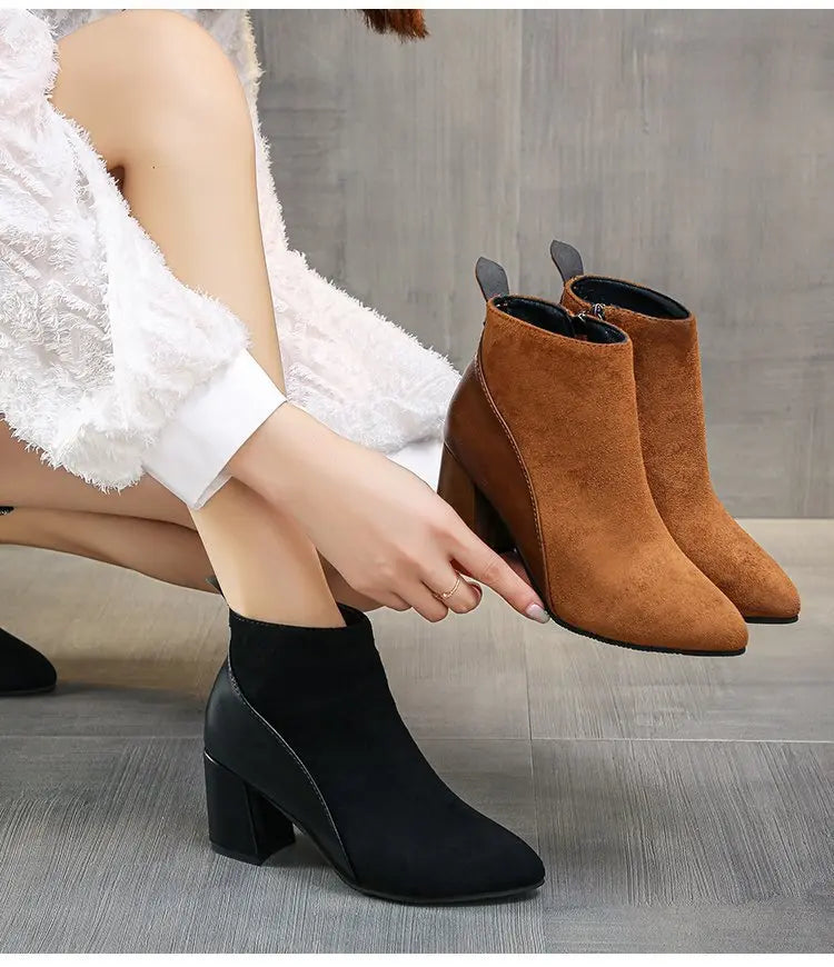 Women's Suede Pointed-Toe Block Heel Ankle Boots