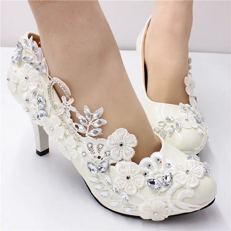 Elegant crystal-embellished bridal heels, handcrafted to order with refined lace detailing.