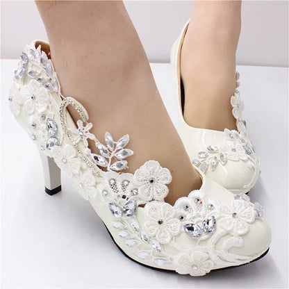 Elegant crystal-embellished bridal heels, handcrafted to order with refined lace detailing.