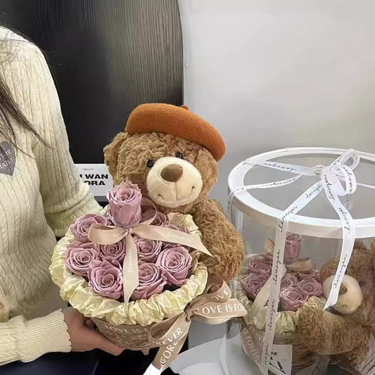 Bear Eternal Flower Finished Rose Hugging Flower Bouquet For Girlfriend Birthday Gift Doll Dried Flower Valentine's Day Gift