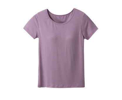 Ladies Charmodal Short Sleeve Cropped Pants Pajamas Home Large Size Suit With Bra Pads Cups All-in-One Solid Color Thin Section