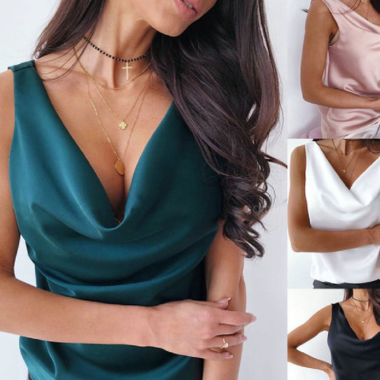 Women's Satin Cowl Neck Sleeveless Top - Elegant Blouse for Work or Evenings