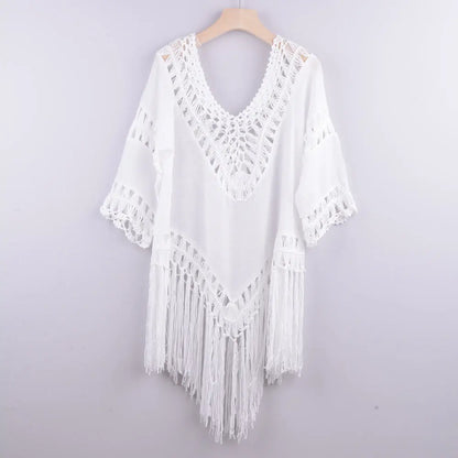 AliExpress Amazon Hot Hand Crochet Patchwork Solid Color Hollow Beach Irregular Fringed Blouse Bikini Swimsuit