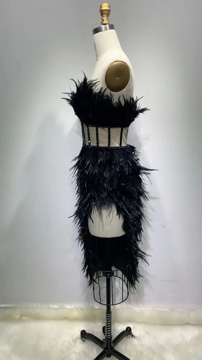 New European And American Feather Tube Top Is Thin Fishbone Sexy Irregular Dress Banquet Party Dress Heavy Industry