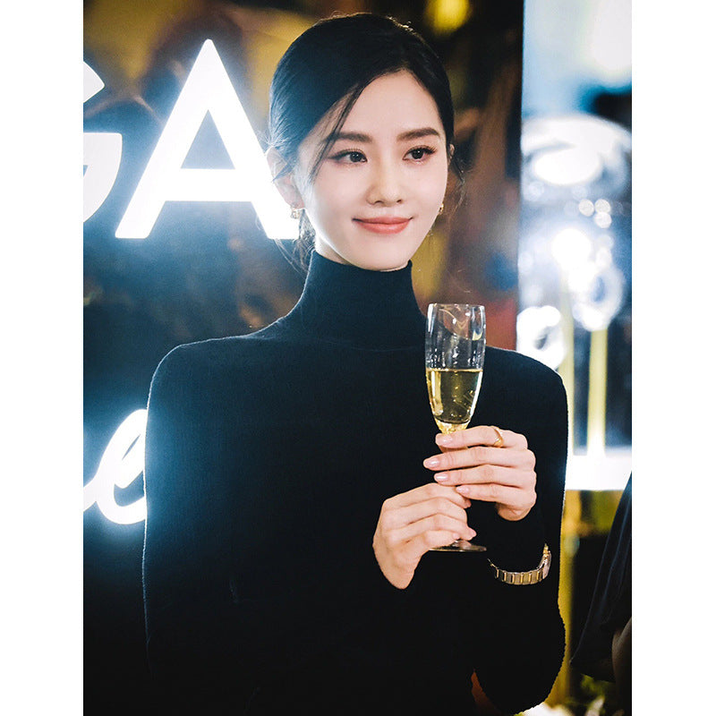 Liu Shishi With Black Turtleneck Sweater Women's Autumn And Winter New Long Sleeve Tight Bottoming Shirt Slim Top