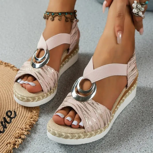 Plus Size Women's Sandals With Metal Buckle Decorative Hemp Rope Wedge Heel Light Toe Sandals