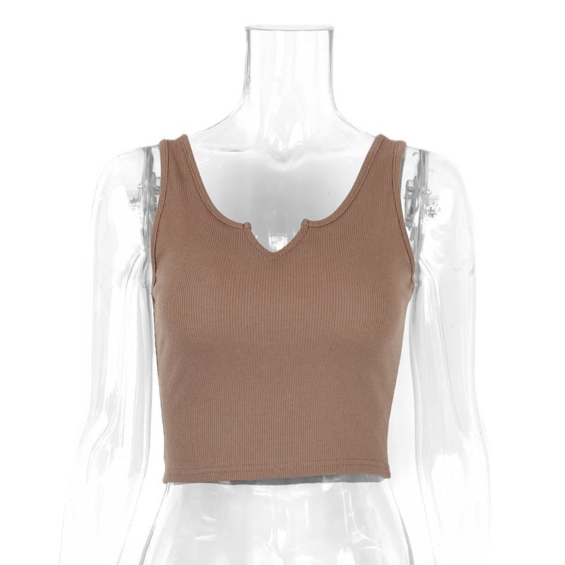 Trendy slim-fit crop camisole vest in apricot, white, coffee, and light grey – sleek, comfortable, and stylish for versatile outfits.