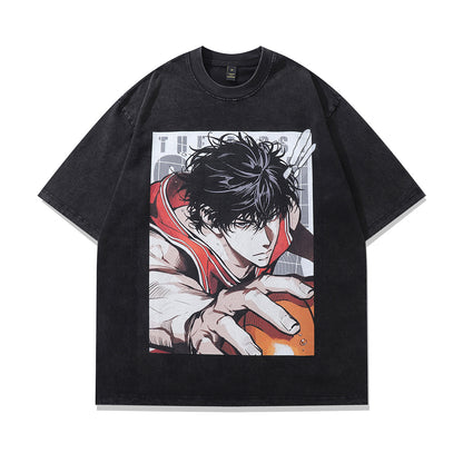 Distressed short sleeve t-shirt featuring a bold Japanese cartoon print with a hip-hop streetwear aesthetic.