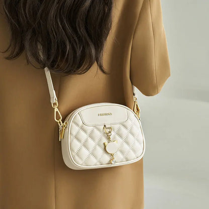 Women's Quilted Double-Zip PU Crossbody Bag with Charm