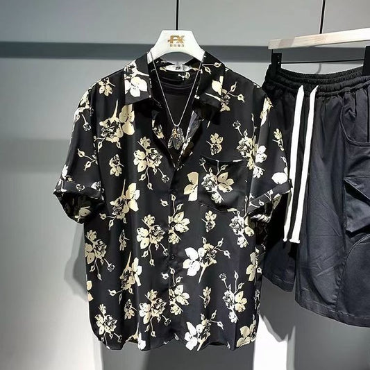 Stylish floral short-sleeve shirt available in black and army green – featuring a bold beige floral print, soft breathable fabric, and effortless styling